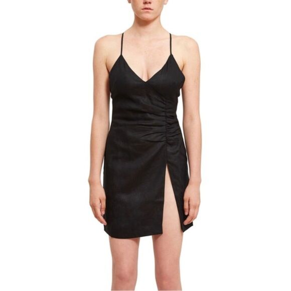 CALLIPYGIAN Linen Cinched Side Slit Mini‎ Dress Black Sz0 - Picture 1 of 6